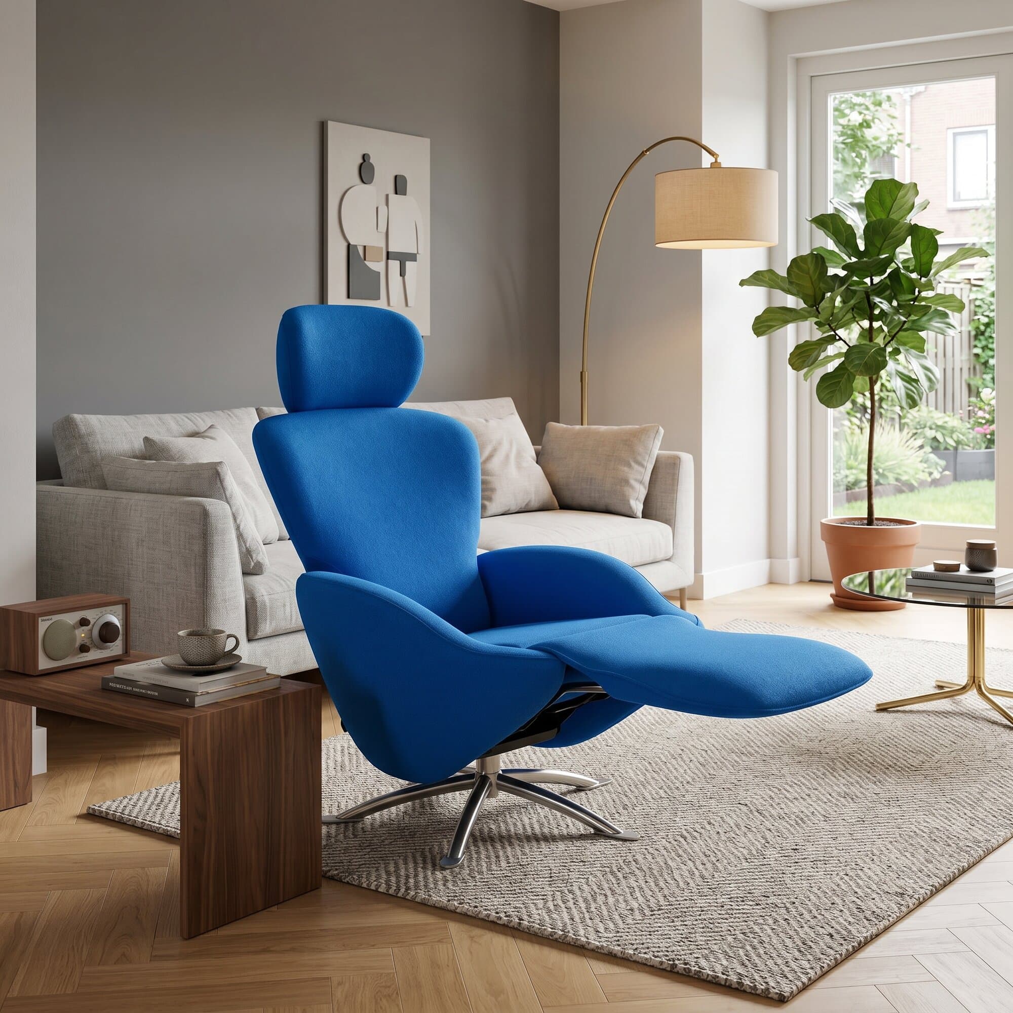 Draaifauteuil Dodo gestoffeerd in blauwe wol