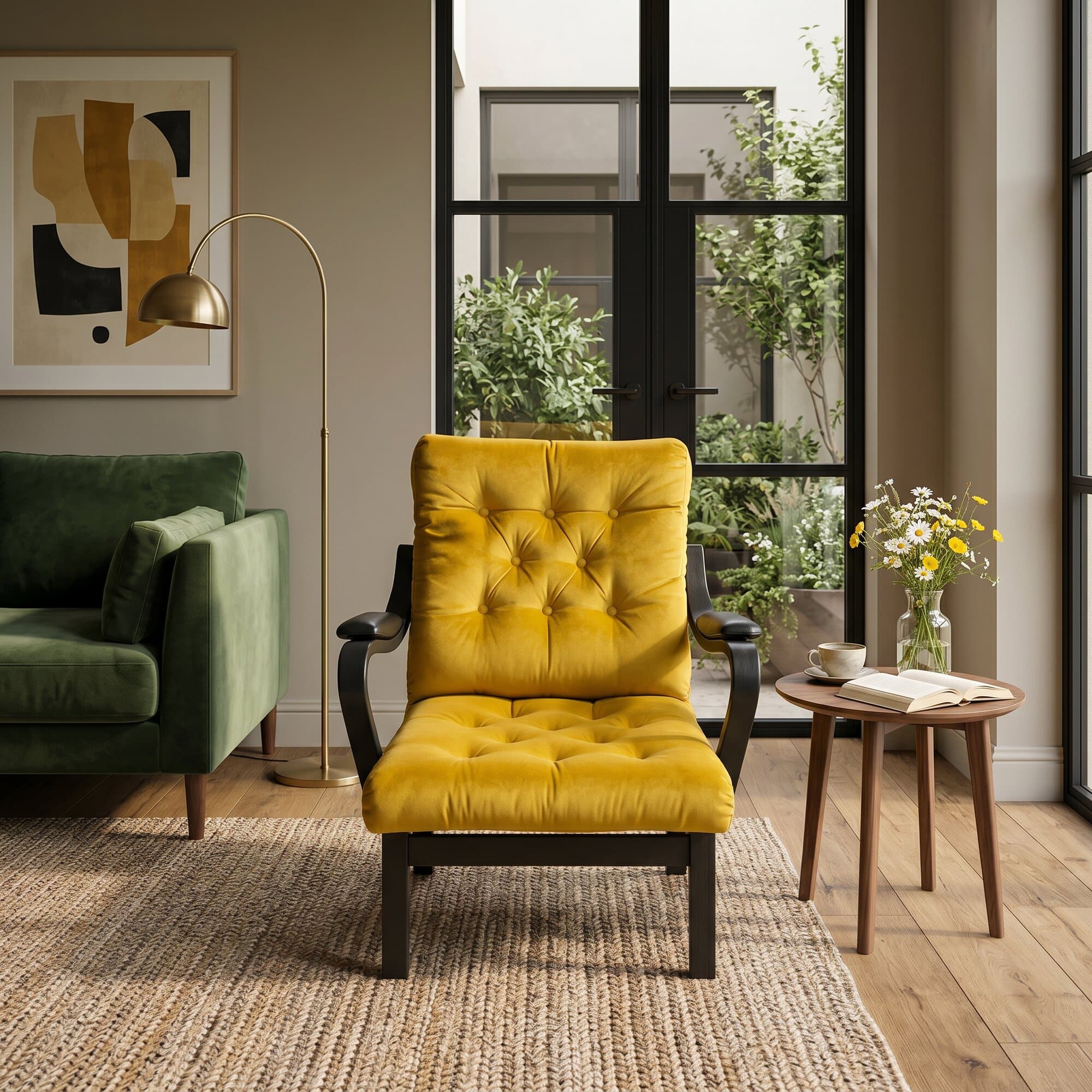 Okergele oorfauteuil met getufte rugleuning