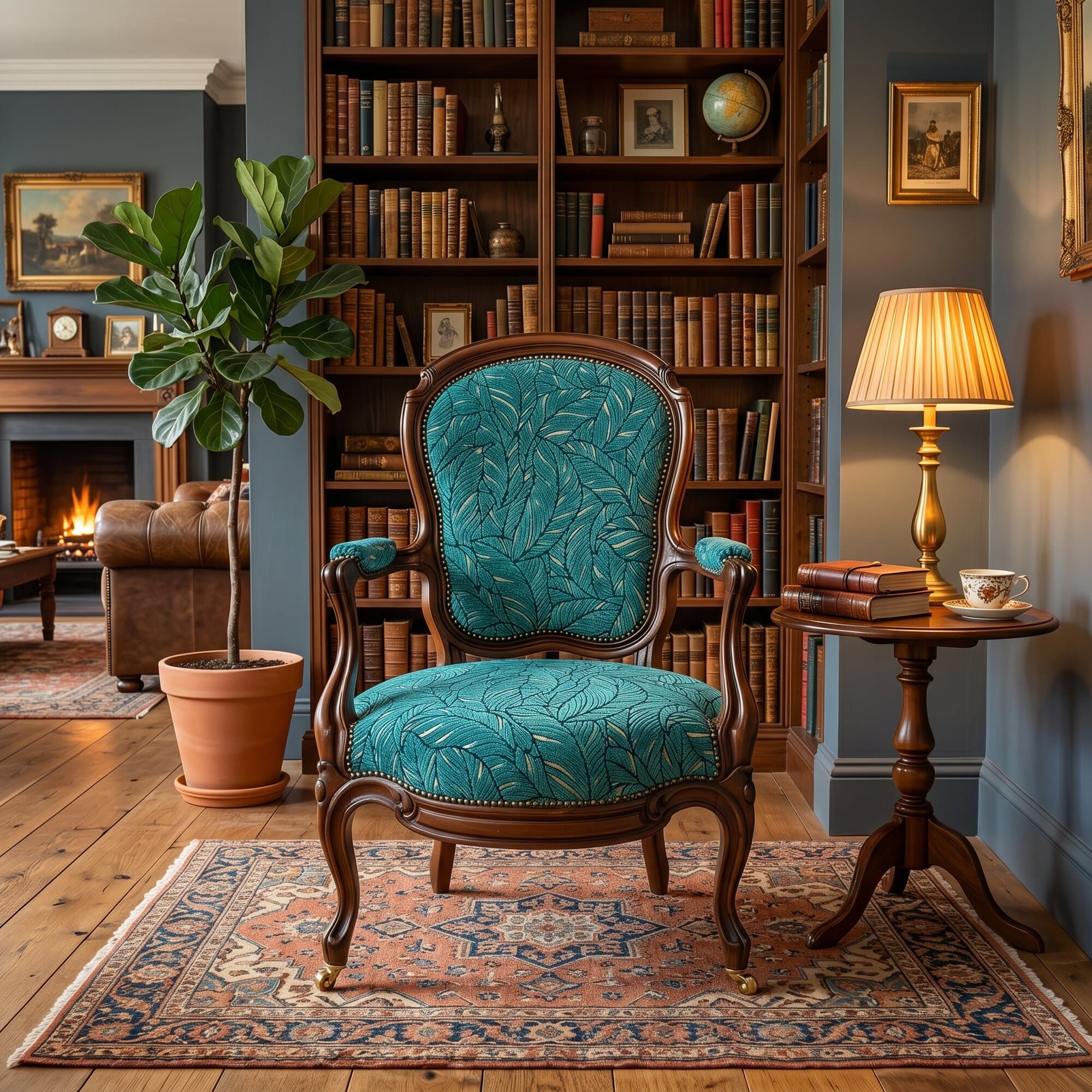 Donkergroen velours fauteuil, klassieke lijnen