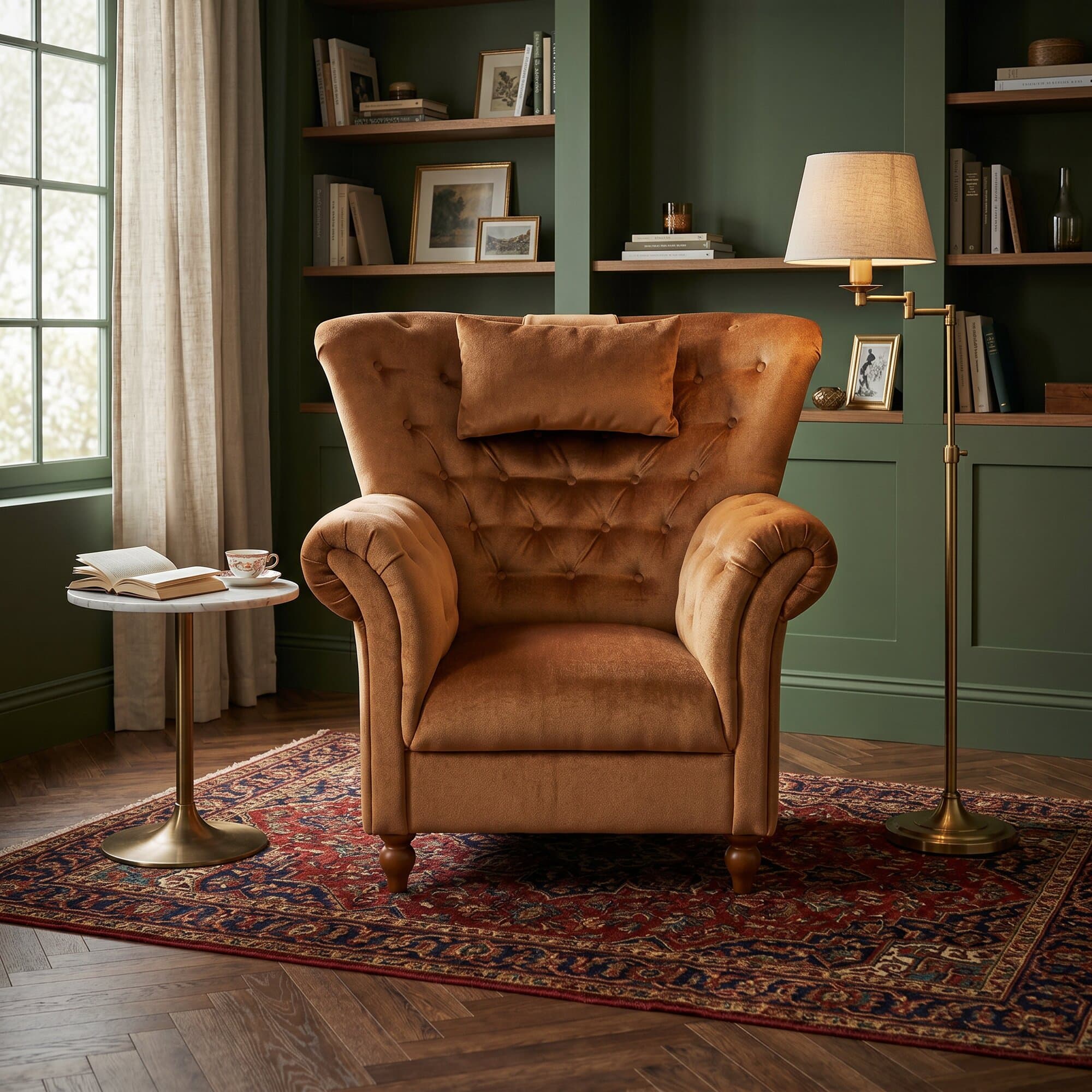 Bruin leren fauteuil met getufte rugleuning, recent gestoffeerd