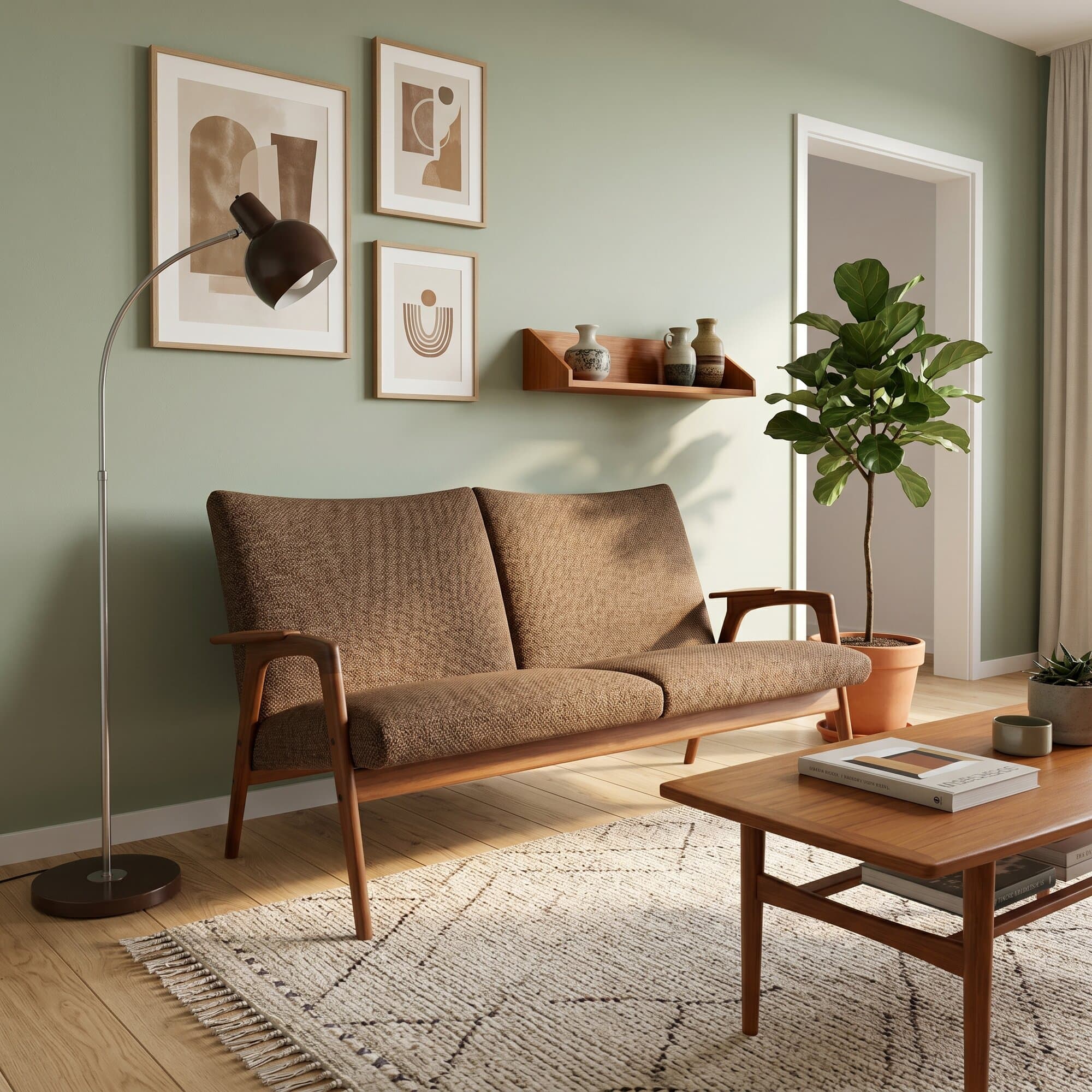 Cognac tweezitsbank in sage-groene woonkamer