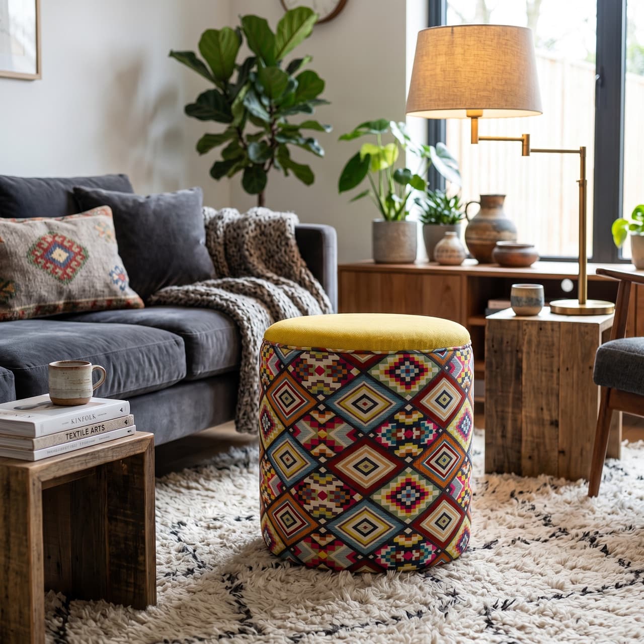 Kleurrijke poef met kilim-print in een woonkamer